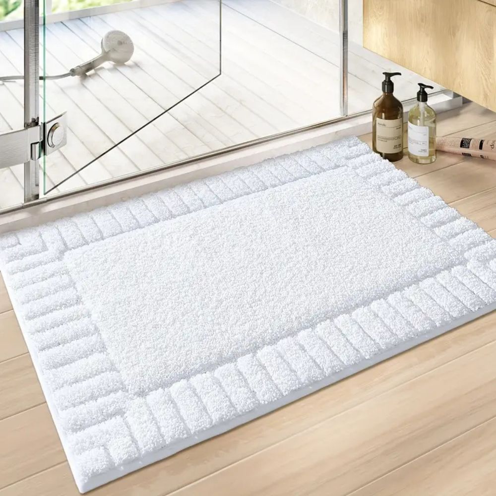 Minimalist cotton bath rug plush soft non-slip backing modern bathroom neutral tone everyday comfort