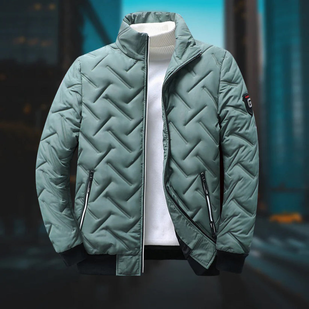 Men's black puffer jacket with stand-up collar, quilted pattern, and front zipper for winter warmth