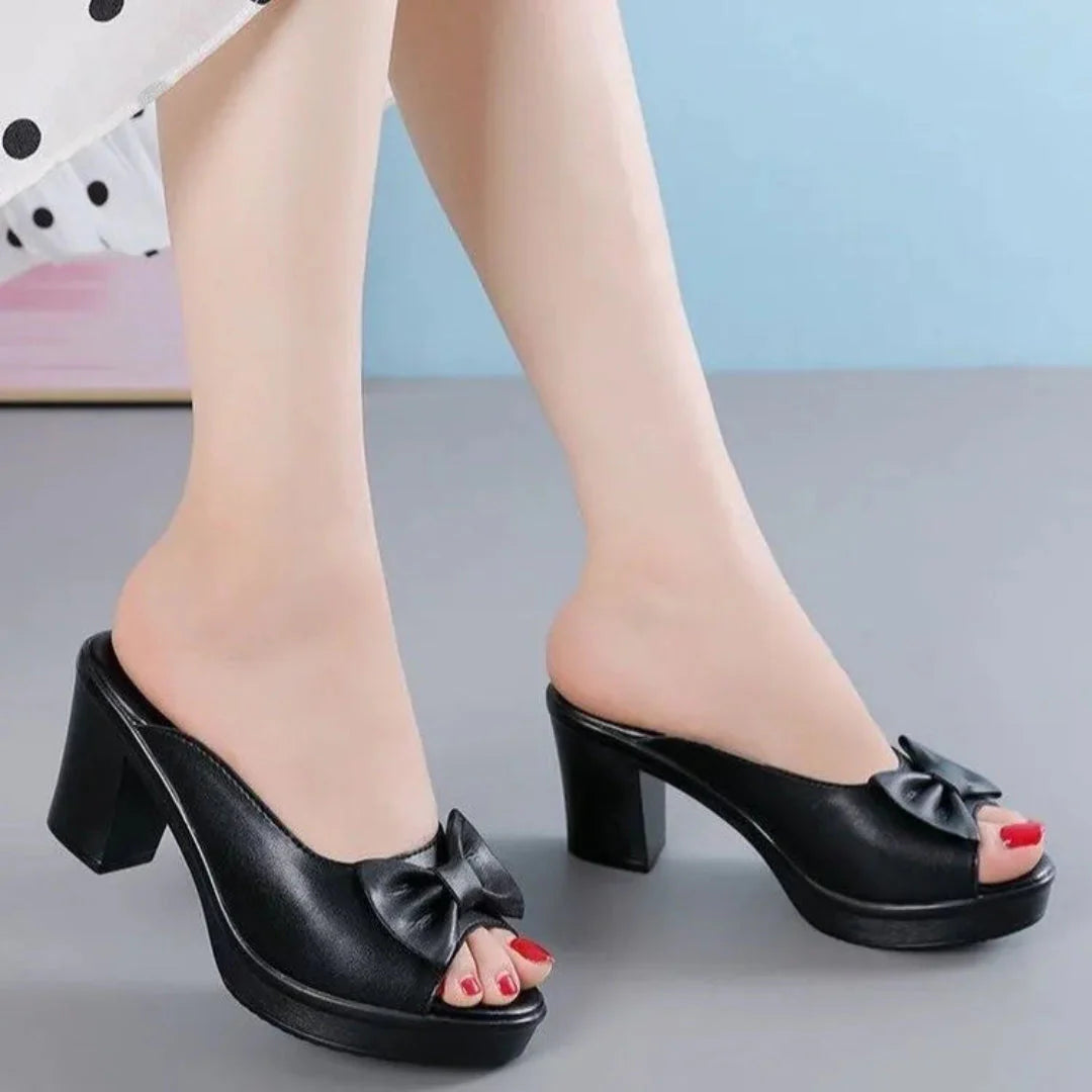 Mira women's black faux leather open-toe chunky heels with bow detail everyday chic