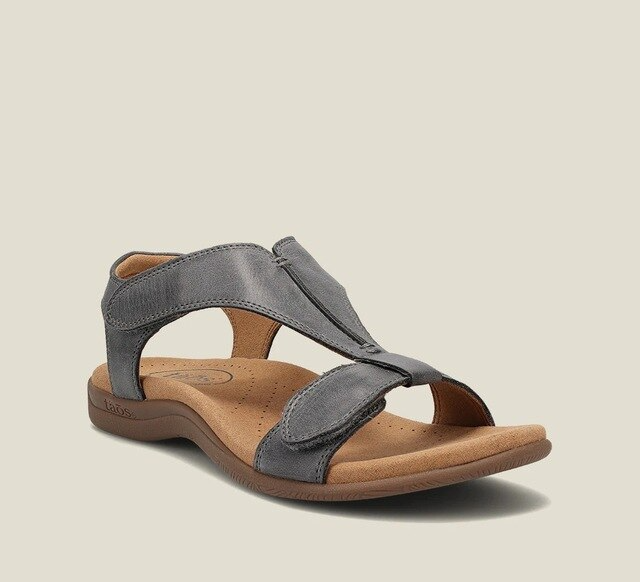 Women's beige orthopedic T-strap sandals with contoured arch-support footbed for all-day comfort