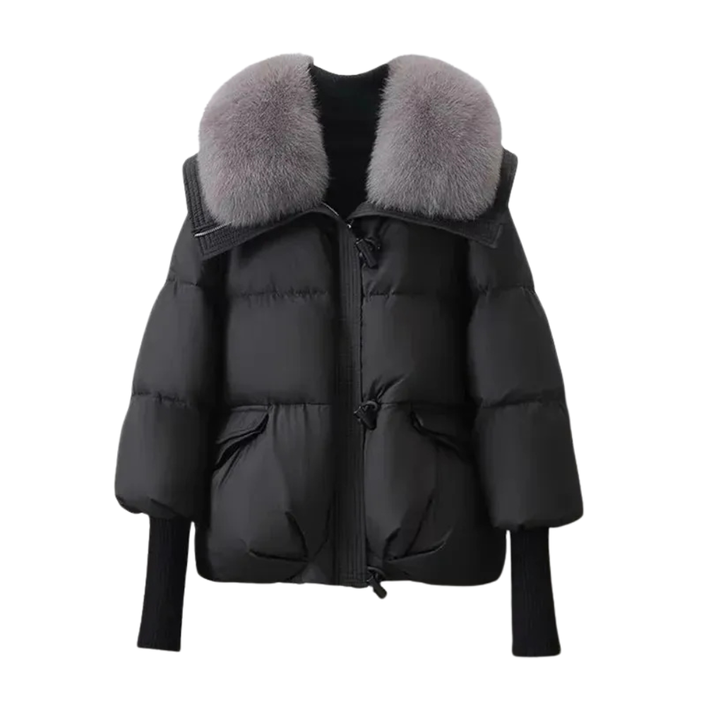 Women's black quilted puffer coat with soft faux fur collar trim and insulated relaxed fit