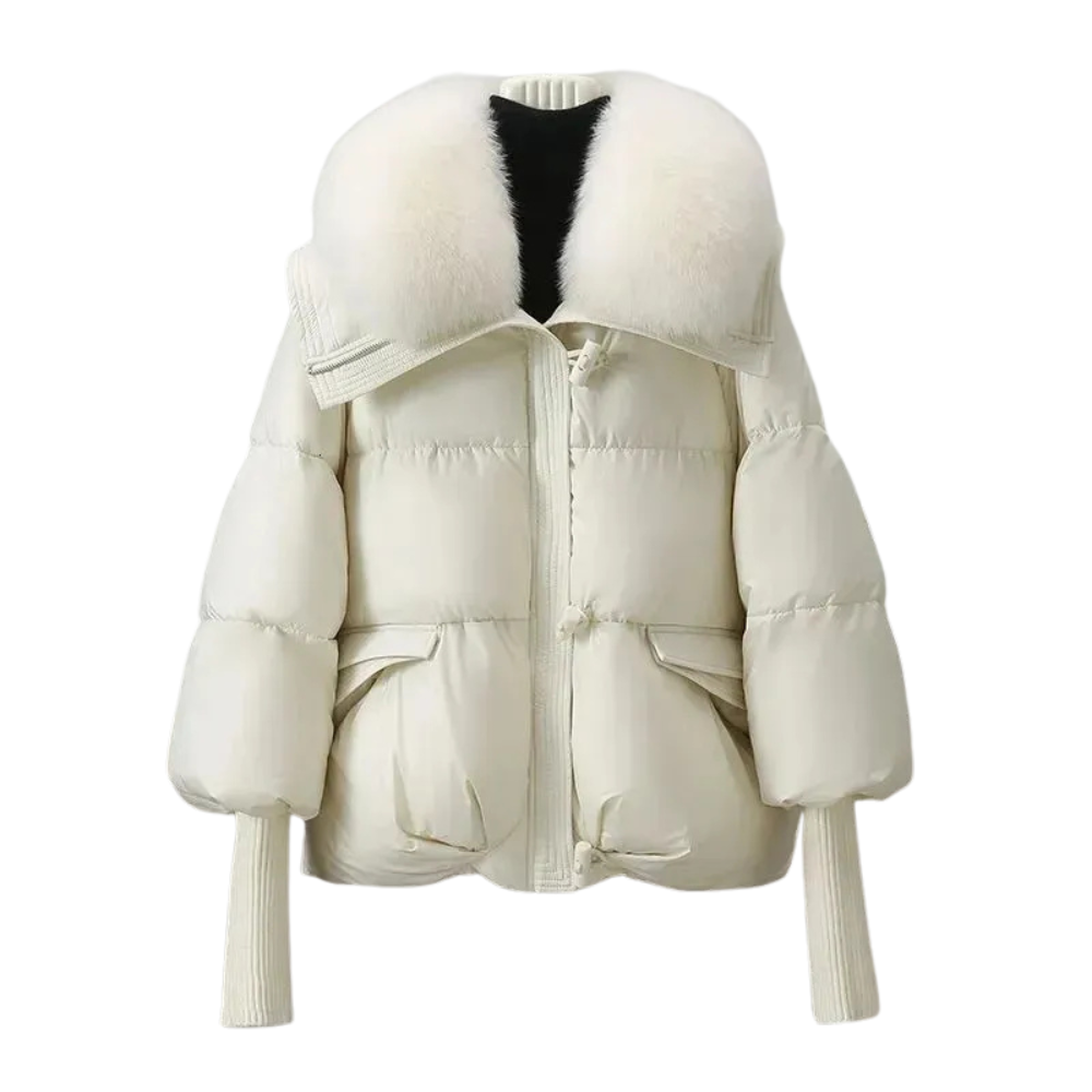 Women's black quilted puffer coat with soft faux fur collar trim and insulated design