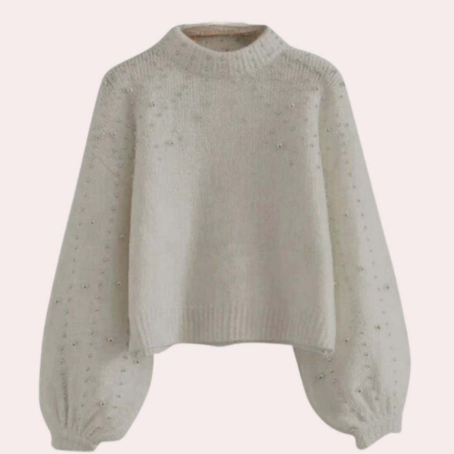 Women's round-neck pearl beaded knit sweater elegant soft comfortable versatile everyday style