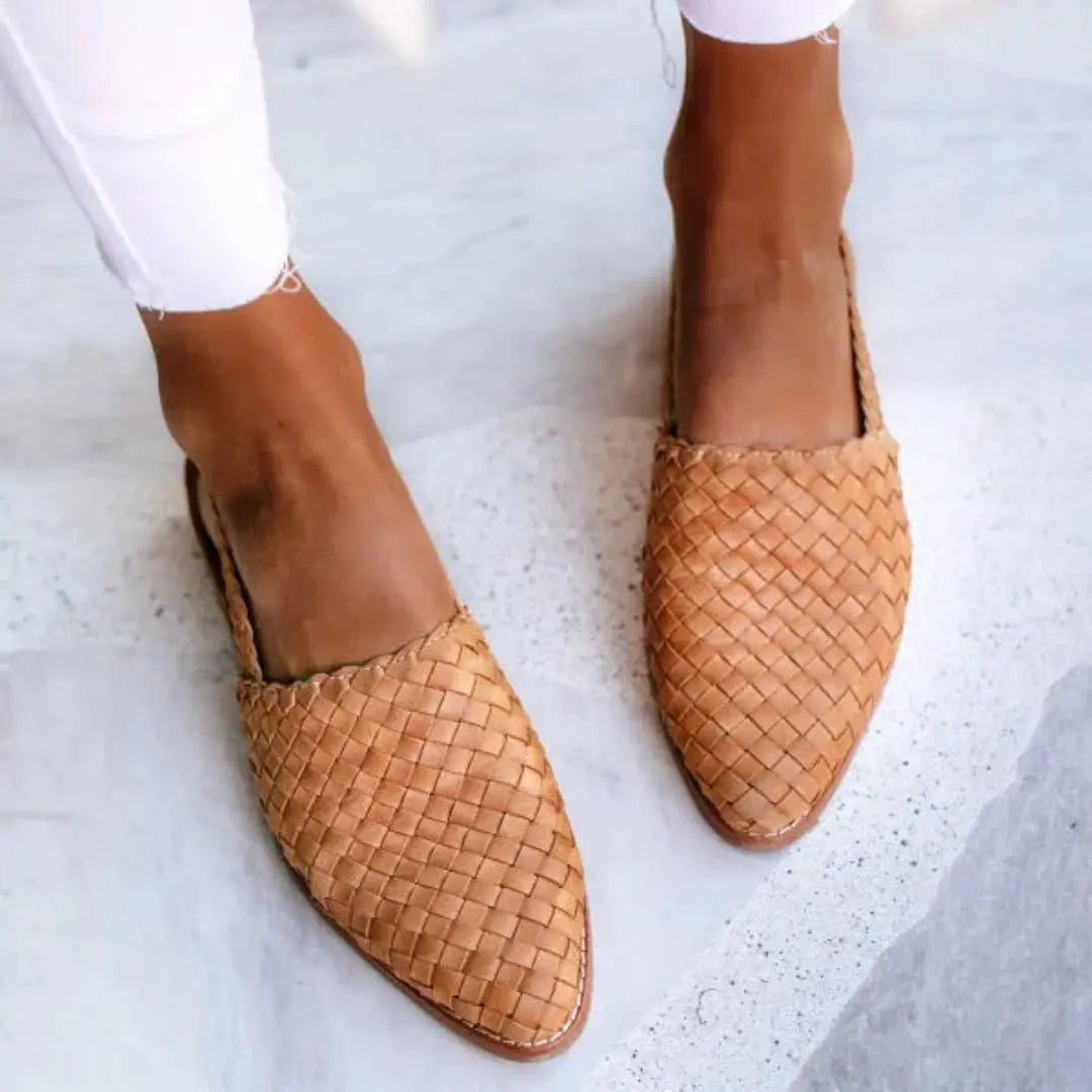 Women's woven faux leather slingback pointed-toe flats in neutral tone with artisanal hand-woven texture