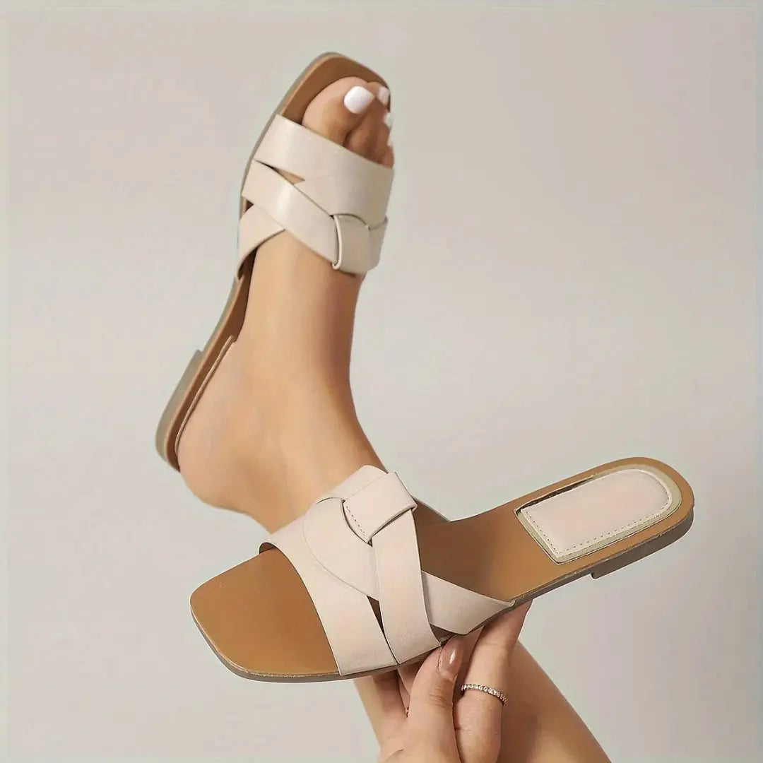 Women's beige square toe flat slip-on sandals with cushioned footbed for all-day summer comfort