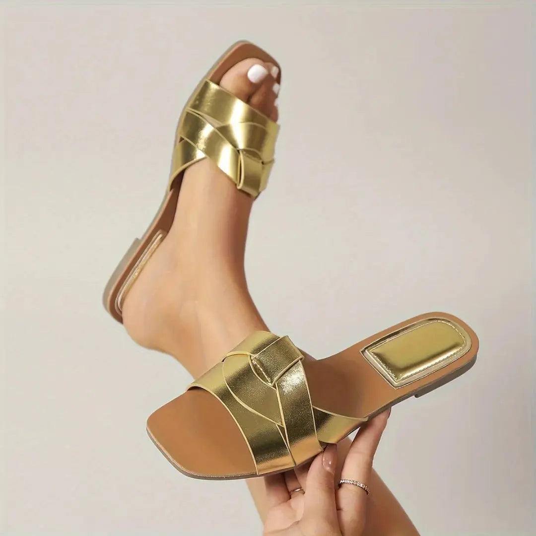 Women's beige square toe flat slip-on sandals with cushioned footbed for all-day summer comfort