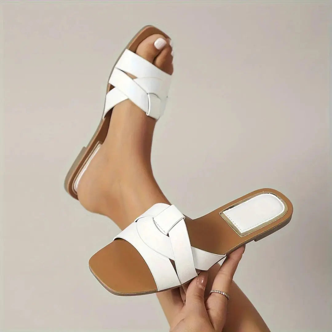 Women's beige square toe flat slip-on sandals with cushioned sole for all-day summer comfort