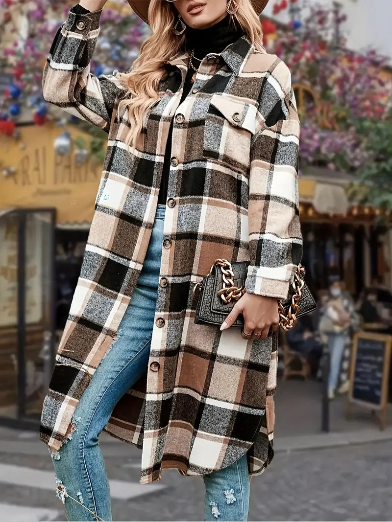 Women's plaid fleece jacket mid-length loose fit cozy warm layer with striking plaid pattern