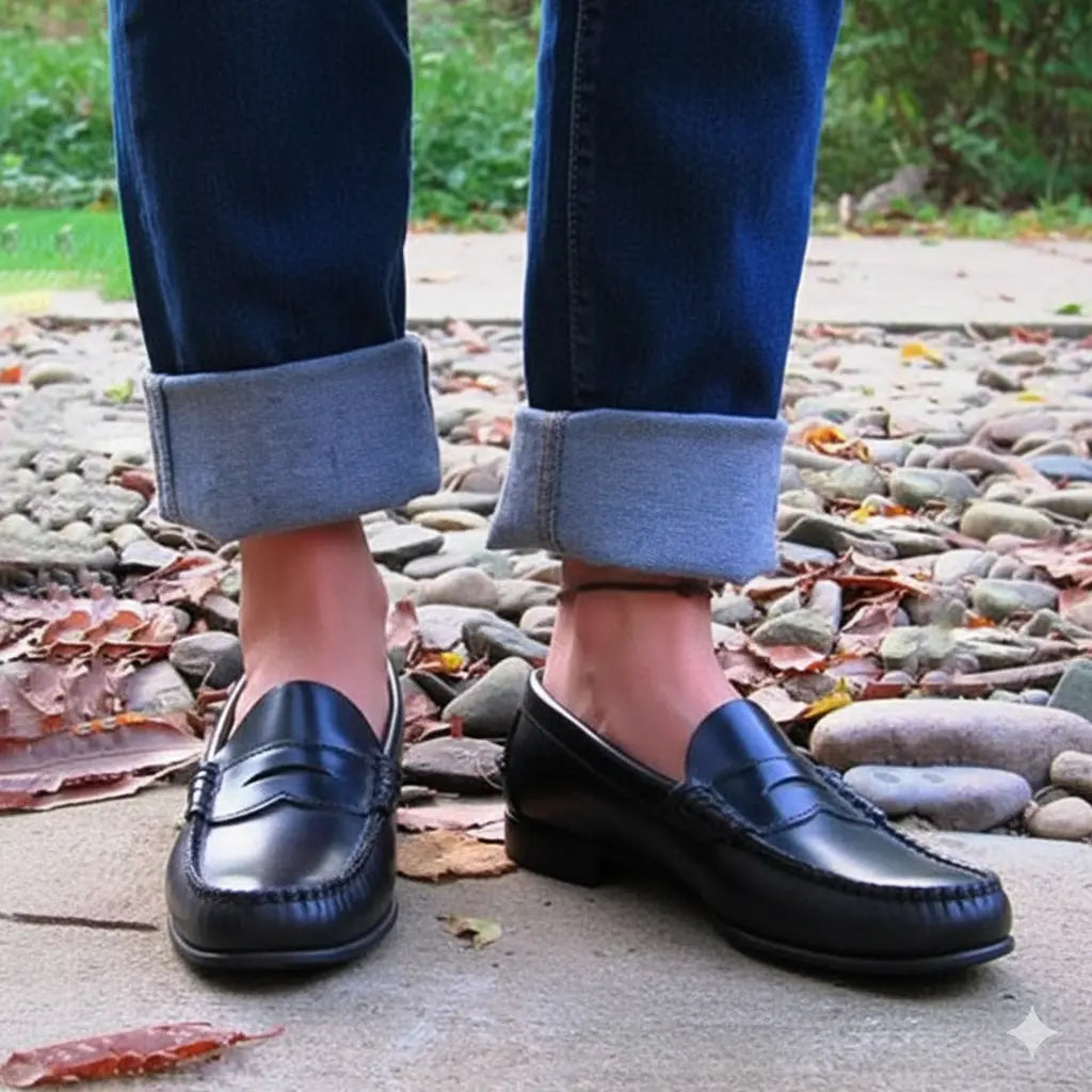 Black women's moc toe slip-on loafers with decorative saddle strap, timeless elegant silhouette
