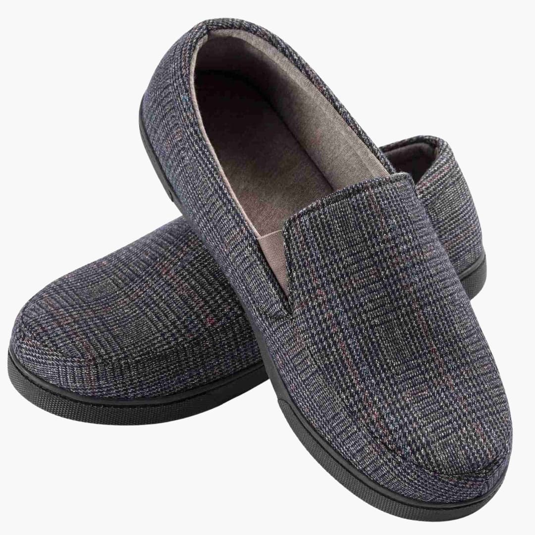 Men's plaid slip-on moccasins with non-slip rubber sole and full foot lining for indoor comfort
