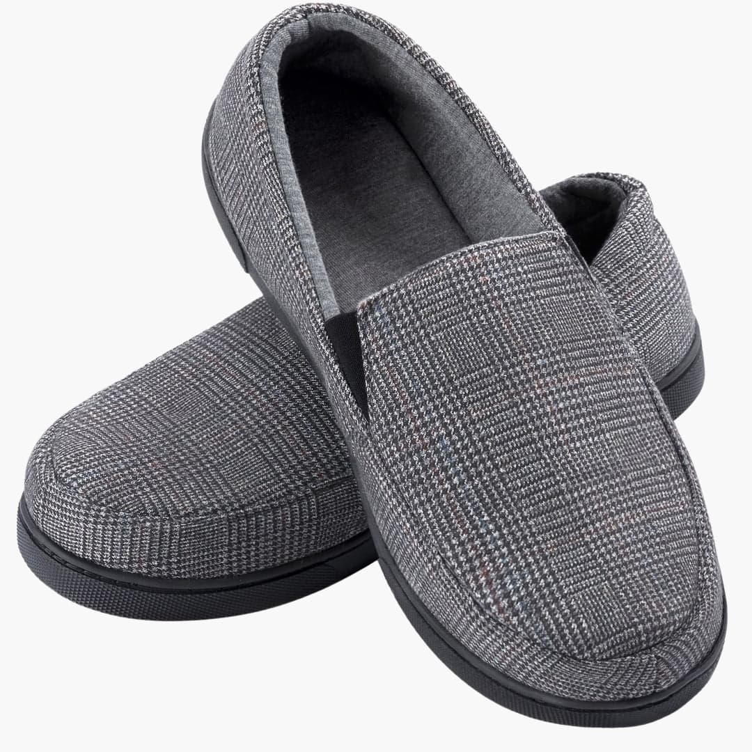 Men's plaid slip-on moccasins with non-slip rubber sole and full foot lining for indoor comfort