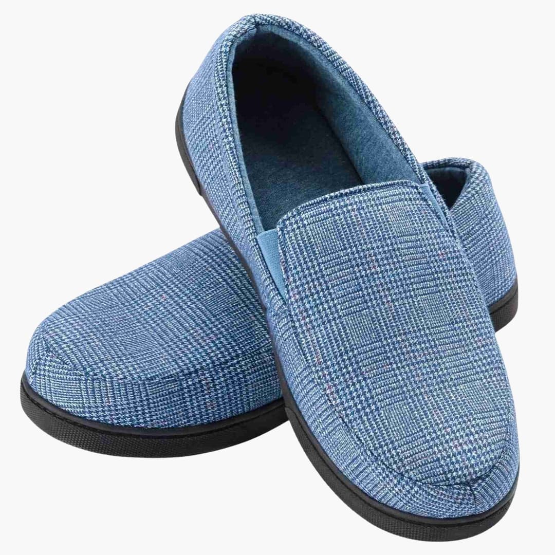 Men's plaid slip-on moccasins with non-slip rubber sole and full foot lining for indoor comfort