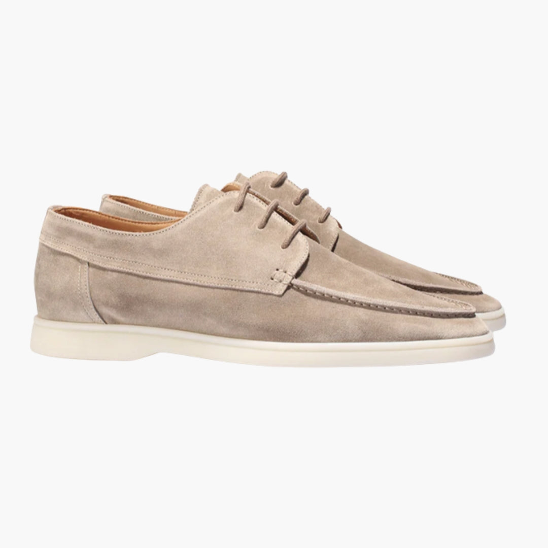 Men's brown moccasins with front lacing, sewn upper, round toe, lightweight flat outsole for everyday wear