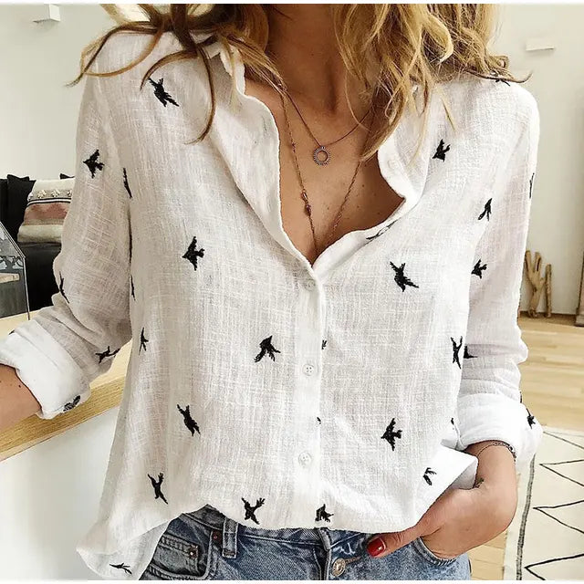 Women's white cotton linen blouse long sleeves classic collar button closure elegant fit