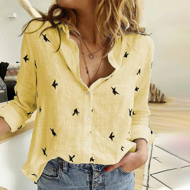Women's white cotton-linen blouse long sleeves classic collar button closure elegant timeless fit