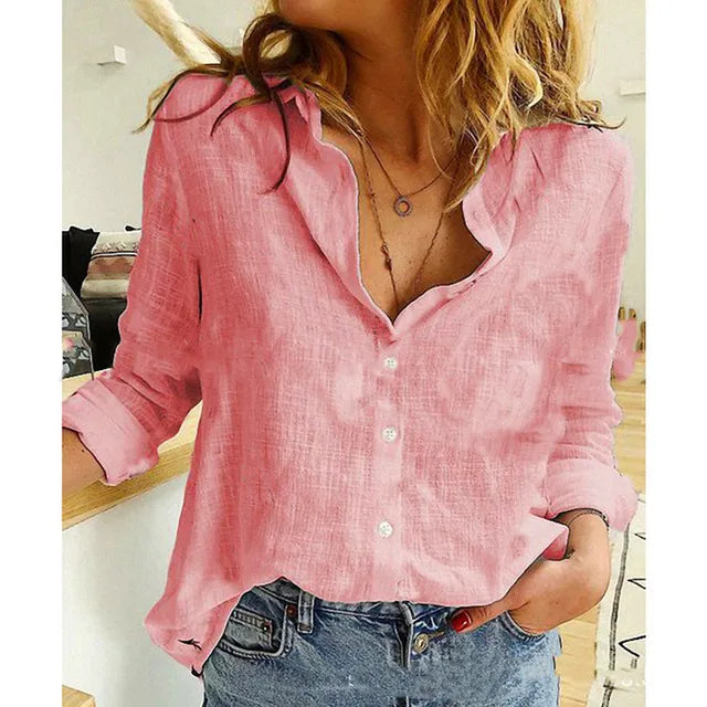 Nadia women's cotton-linen blouse classic collar long sleeves elegant button closure versatile