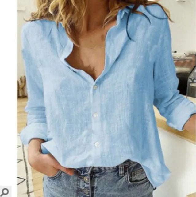Women's white cotton linen blouse long sleeves classic collar button closure elegant fit