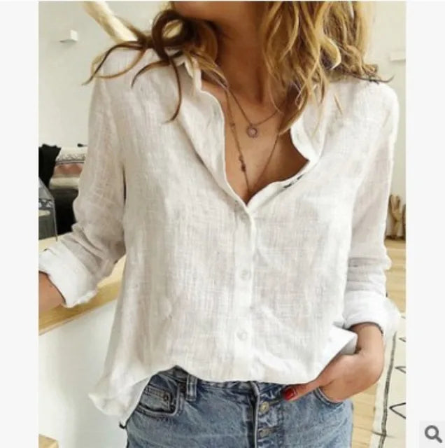 Women's elegant cotton-linen blouse long sleeves classic collar button closure timeless style