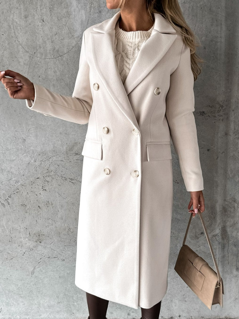 Camel structured double-breasted winter trench coat with polished long silhouette for professionals