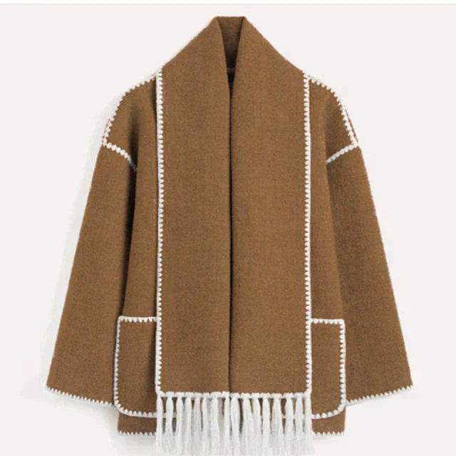 Women's relaxed fit stand collar jacket with fringe edge detail for casual chic everyday style