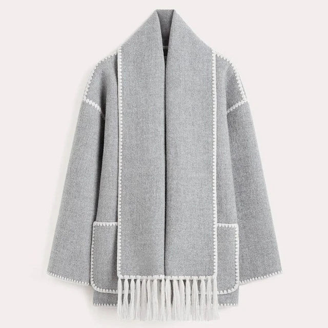 Women's relaxed fit stand collar jacket with fringe trim detail for casual chic everyday style
