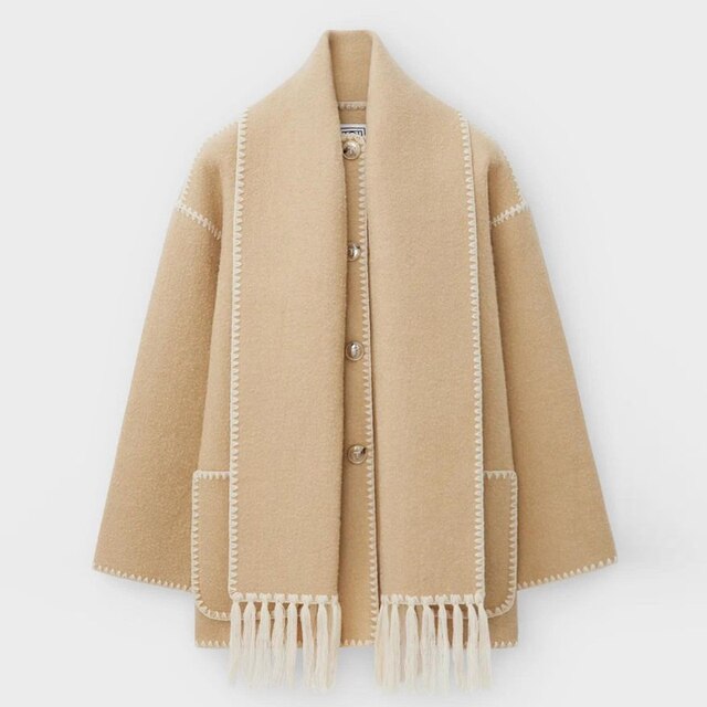 Women's relaxed fit stand collar jacket with fringe edge detail for casual chic everyday style