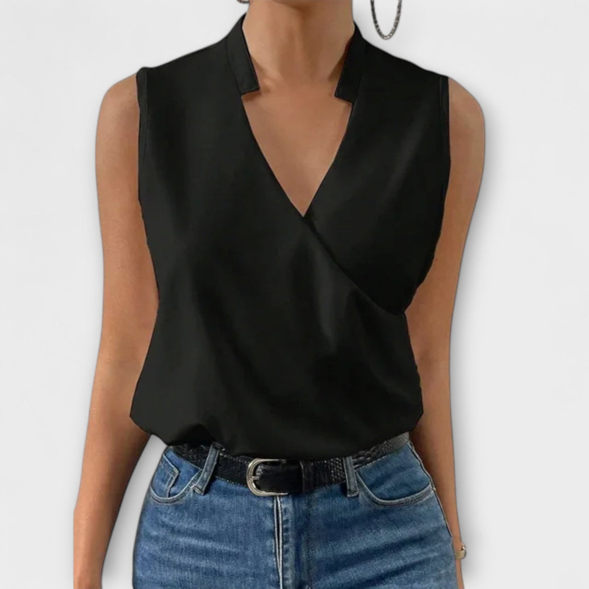 Nina | Women's Sleeveless Wrap V-Neck Top Collared Blouse