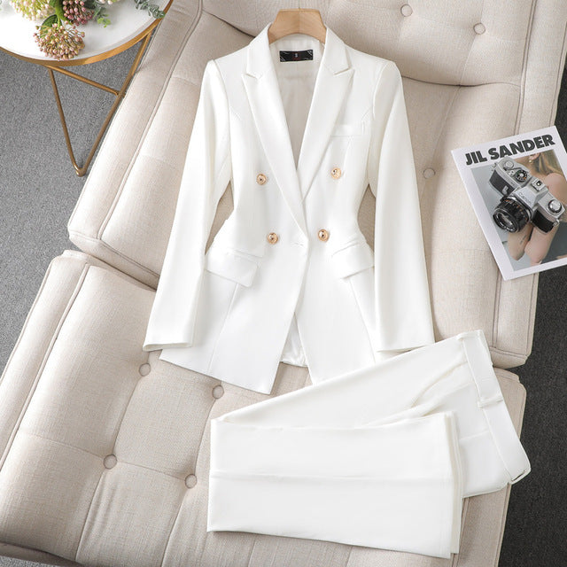 Navy blue women's blazer pants suit regular fit tailored two-piece set for professionals