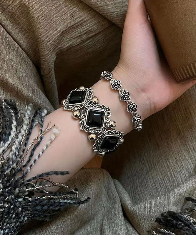 Bracelet moderne en argent sterling noir avec pierres précieuses et motif floral, deux pièces - Urbann-Vibe