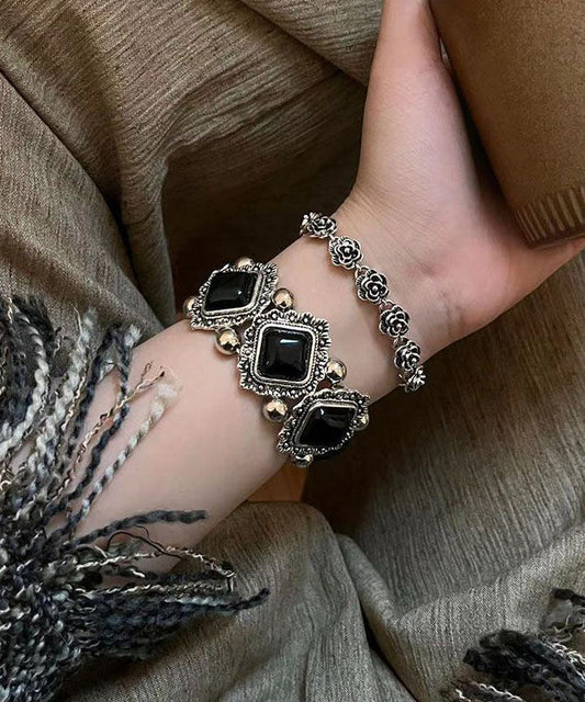 Bracelet moderne en argent sterling noir avec pierres précieuses et motif floral, deux pièces - Urbann-Vibe