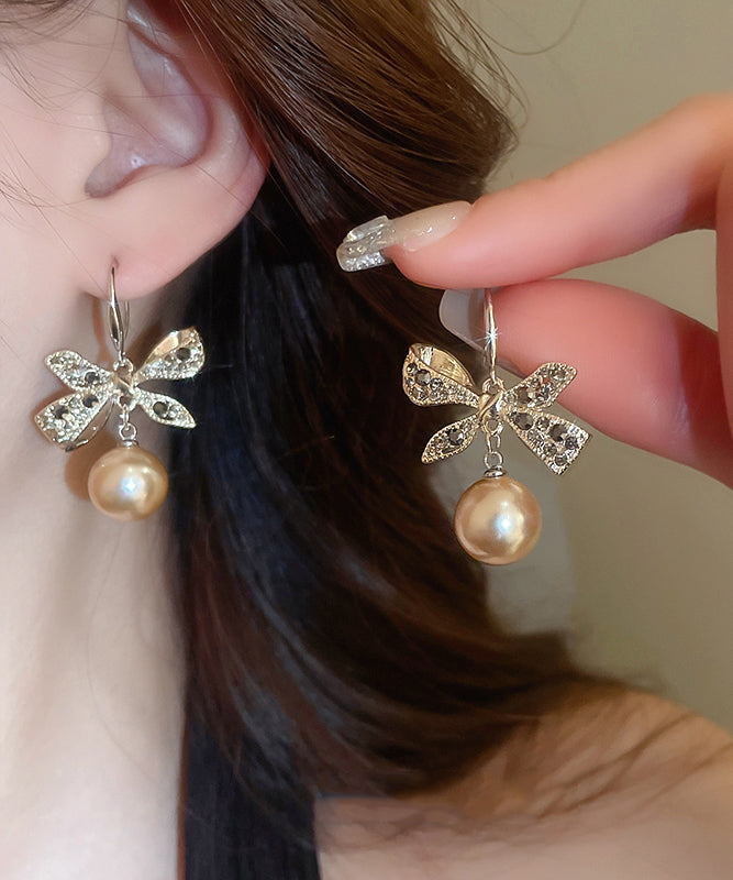 Boucles d'oreilles pendantes modernes en alliage de cuivre et zircon, avec perles et nœud en forme de nœud, couleur champagne - Urbann-Vibe
