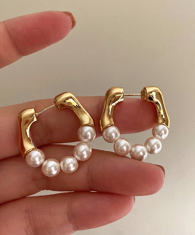 Boucles d'oreilles créoles modernes en alliage de cuivre et or avec perles - Urbann-Vibe