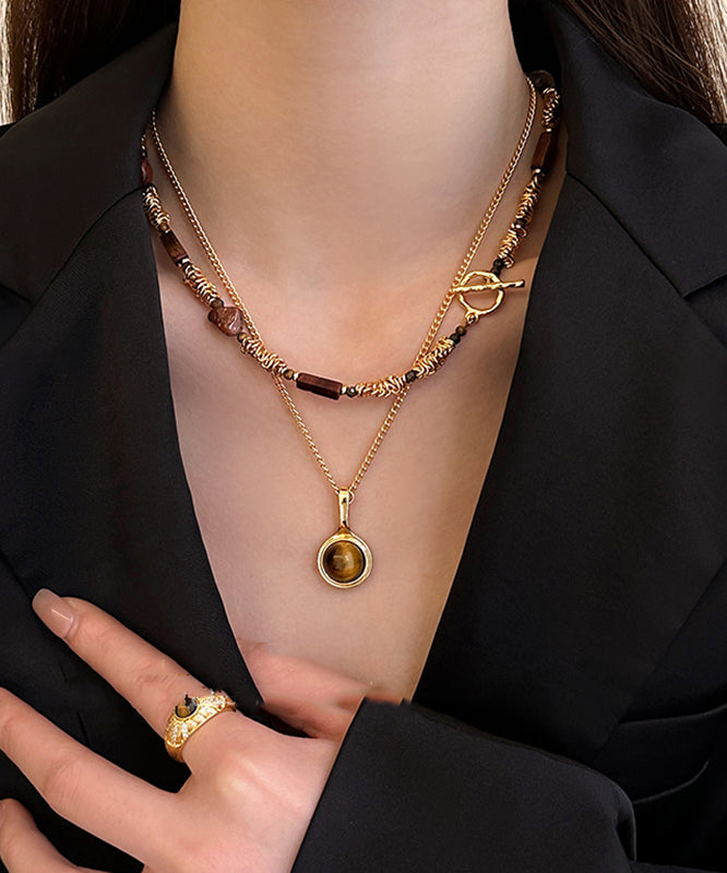 Ensemble de deux colliers modernes avec pendentif en pierre œil de tigre en alliage de cuivre doré - Urbann-Vibe
