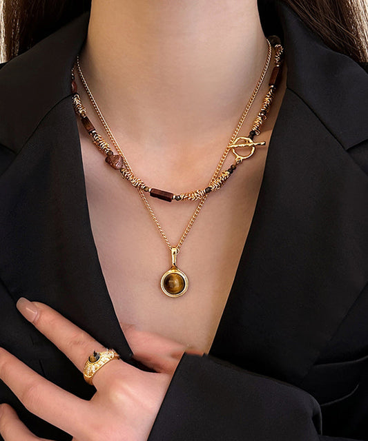 Ensemble de deux colliers modernes avec pendentif en pierre œil de tigre en alliage de cuivre doré - Urbann-Vibe