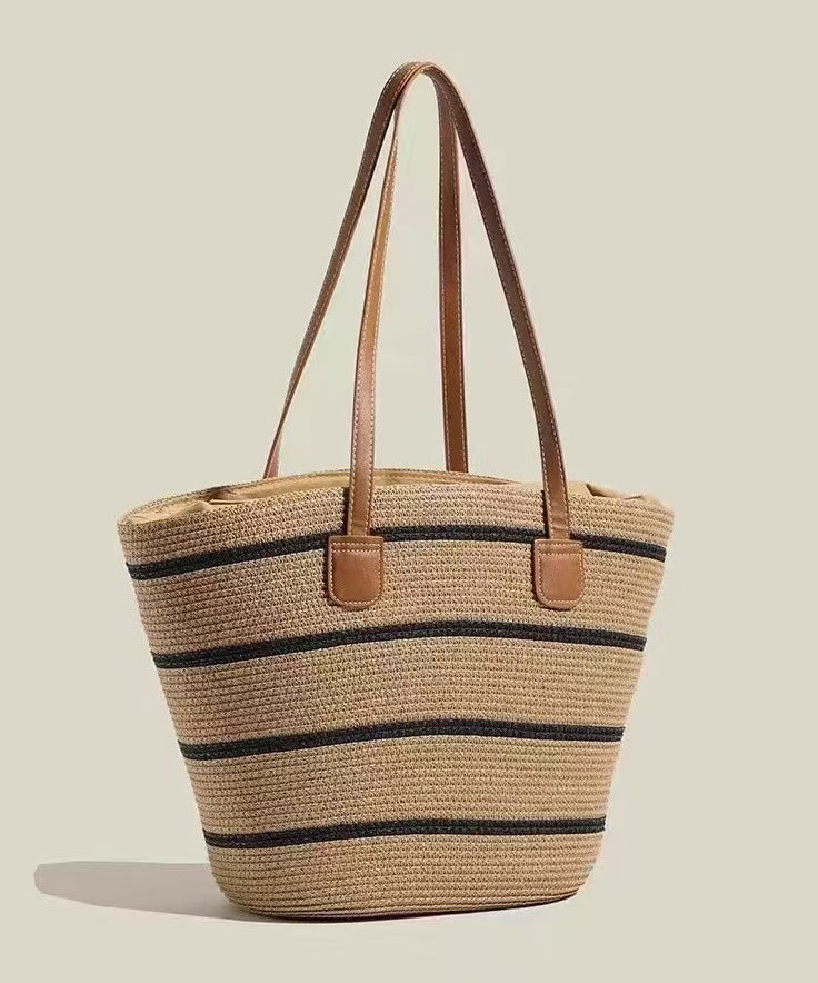 Sac fourre-tout moderne en paille tissée à rayures kaki de grande capacité - Urbann-Vibe