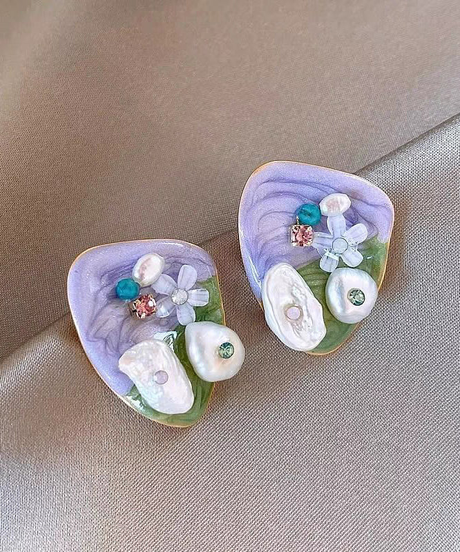 Boucles d'oreilles à tige modernes en alliage violet clair avec perles de riz florales en zircon - Urbann-Vibe