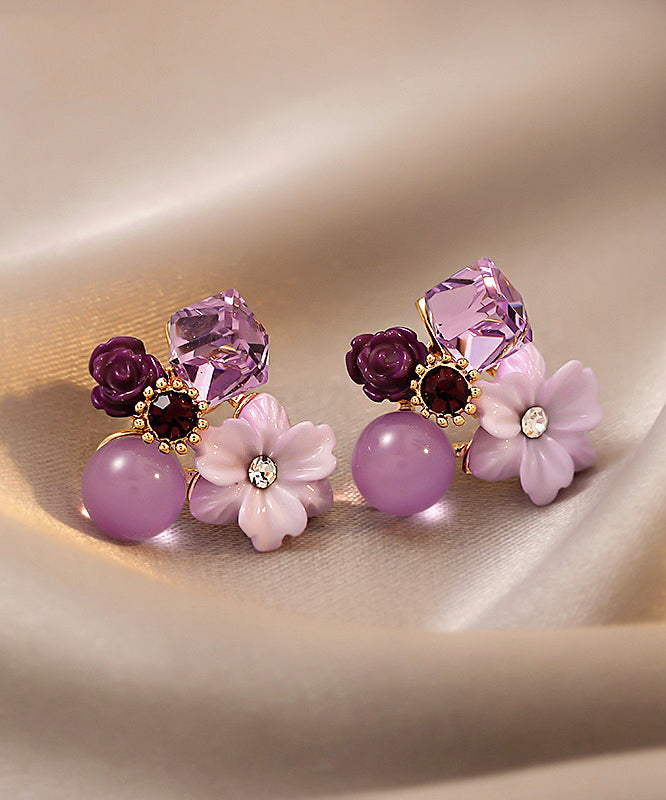 Boucles d'oreilles à tige modernes en argent surdoré violet et cristal - Urbann-Vibe
