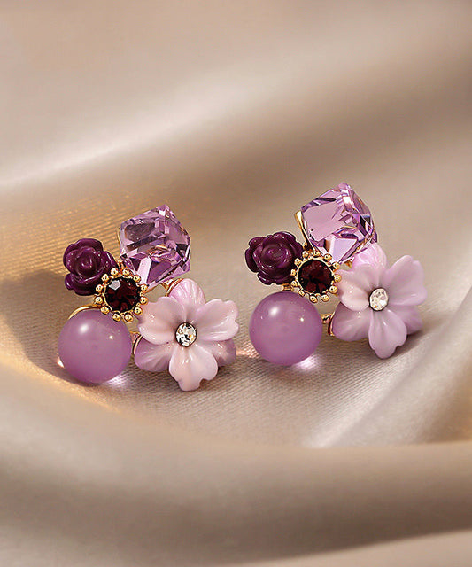 Boucles d'oreilles à tige modernes en argent surdoré violet et cristal - Urbann-Vibe