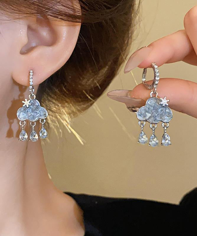 Boucles d'oreilles pendantes modernes et élégantes en argent sterling avec pampilles en forme de nuage et zircon bleu - Urbann-Vibe