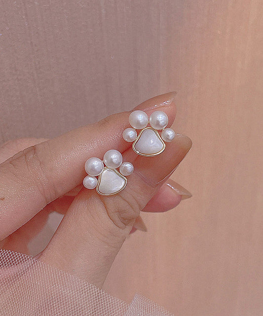 Boucles d'oreilles puces modernes en alliage de cuivre blanc, perle et coquillage, en forme de patte de chat - Urbann-Vibe