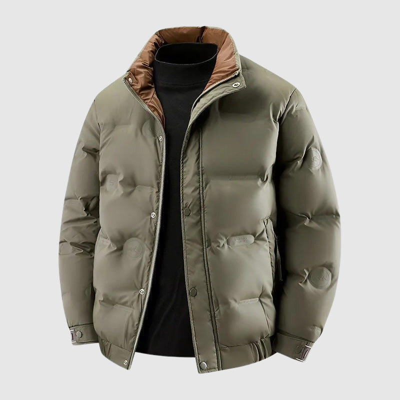 Men's relaxed fit hip-length quilted puffer jacket with stand collar and snap button closure