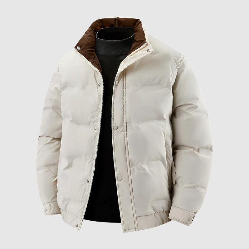 Men's relaxed fit hip-length quilted puffer jacket with stand collar snap button closure