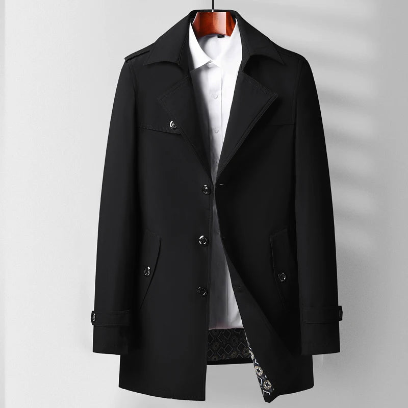 Beige men's mid-thigh trench coat heritage tailoring polyester blend urban classic silhouette