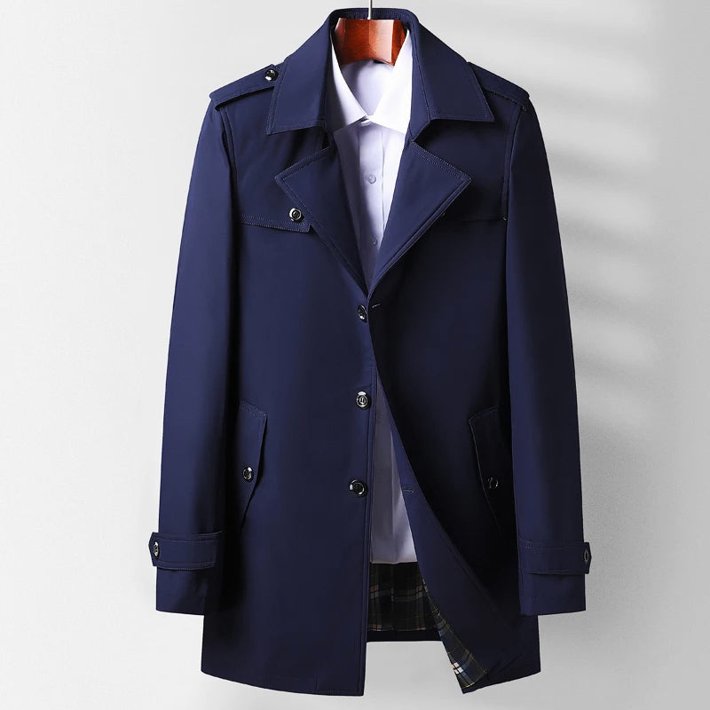 Beige men's mid-thigh trench coat heritage tailoring slim fit double-breasted urban style