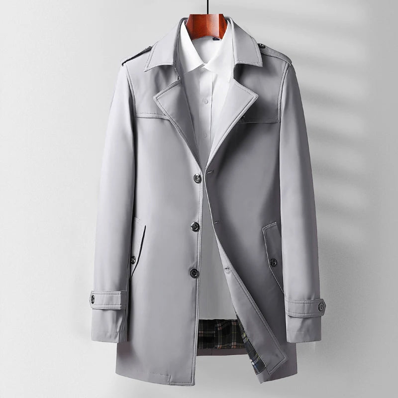 Beige men's mid-thigh trench coat heritage tailoring polyester blend urban classic silhouette
