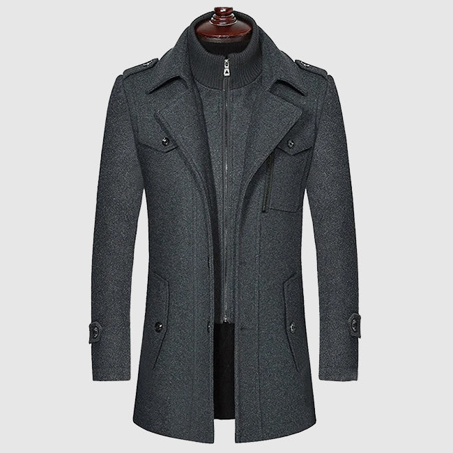 Men wool blend coat tailored fit dark tone with zipper chest pocket modern urban style