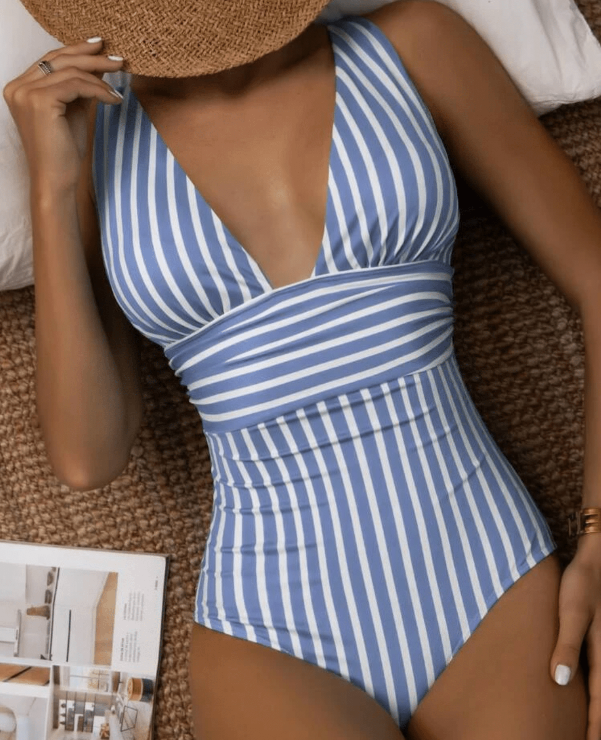 Women's striped one-piece swimsuit plunging neckline sculpting fit vertical horizontal stripes