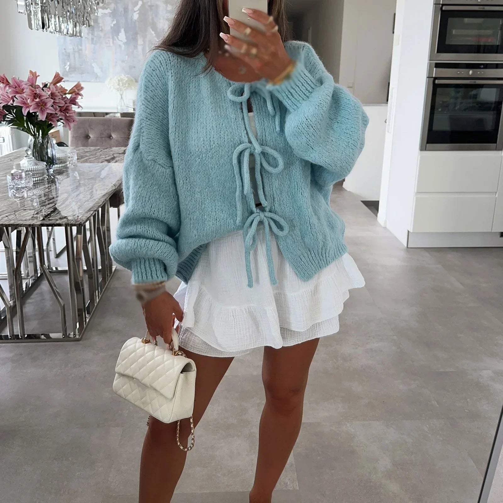 Women's long patchwork cardigan with tie belt and drawstring, casual autumn outerwear in neutral tones