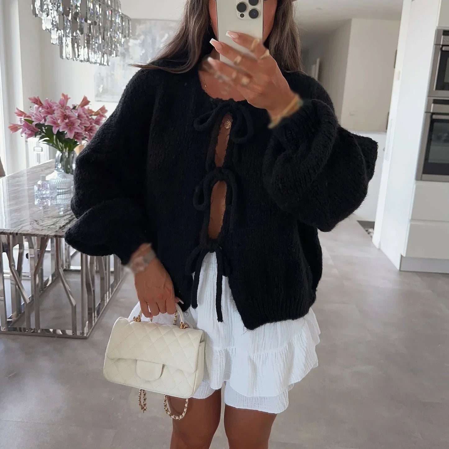 Women's long patchwork cardigan with tie belt and drawstring, casual autumn outerwear relaxed fit