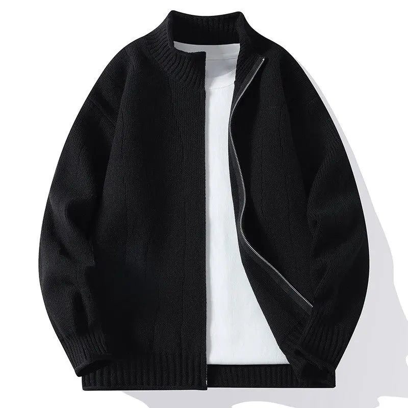 Men's stand collar cotton knit cardigan slim fit warm office casual sweater in neutral tones